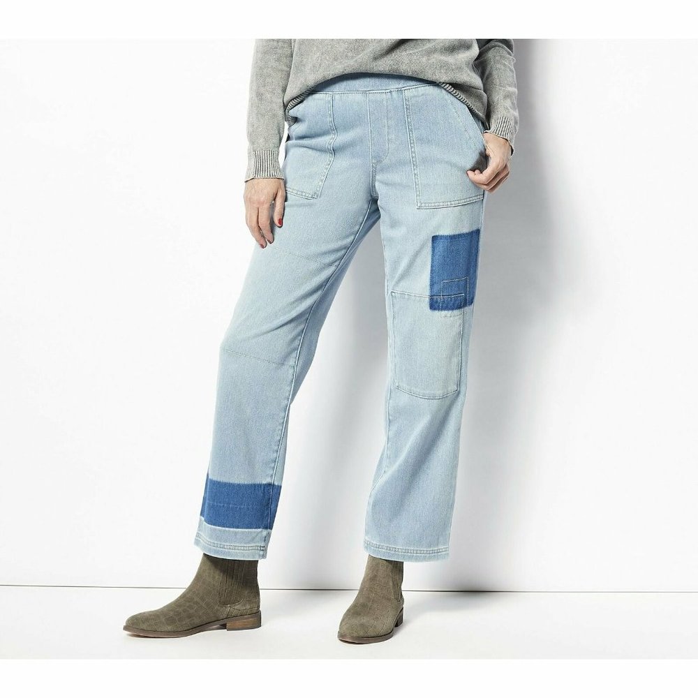 LOGO by Lori Goldstein Regular Knit Denim Shadow Patch Jeans-Size 6